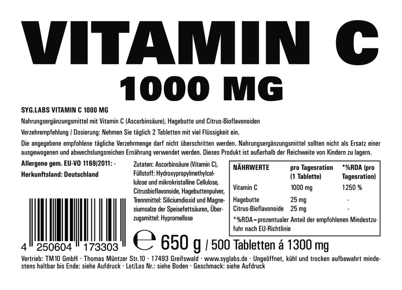 Syglabs Vitamin C 1000mg, with rosehip and bioflavonoids - 500 tablets - NewNest Australia