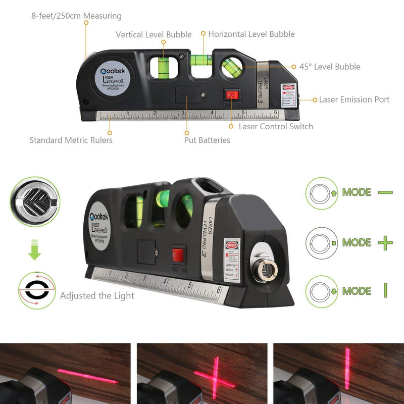 Laser Level, Qooltek Multipurpose Cross Line Laser 8 feet Measure Tape Ruler Adjusted Standard and Metric Rulers for hanging pictures - NewNest Australia