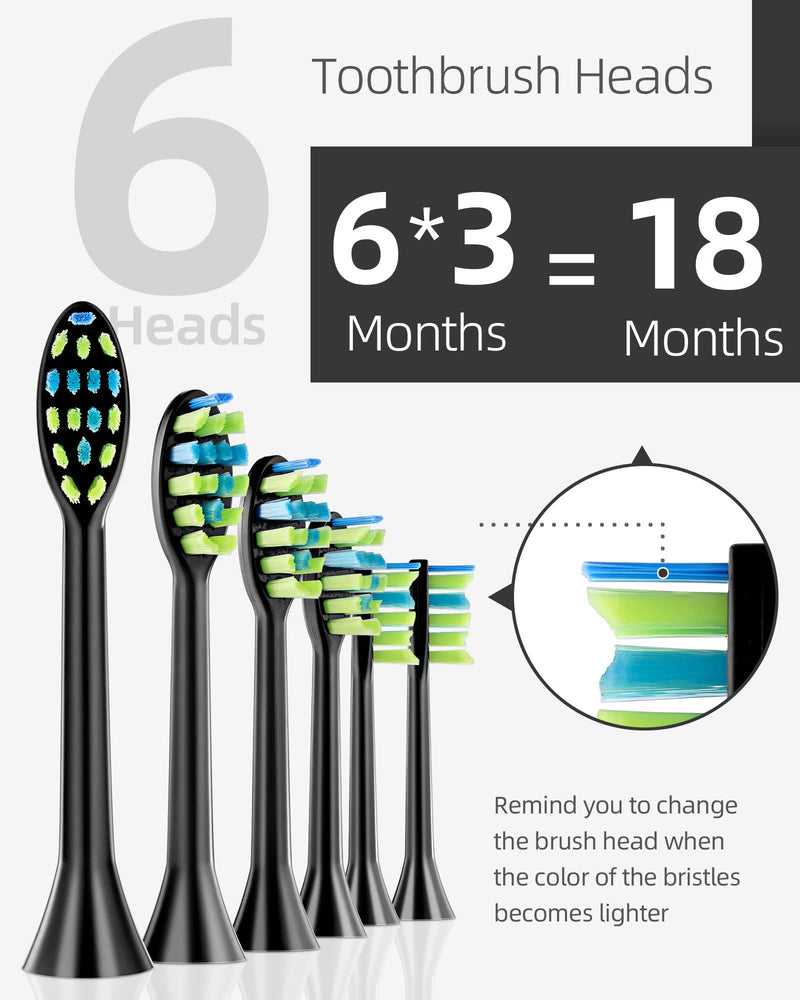 7am2m Sonic Electric Toothbrush with 6 Brush Heads for Adults and Kids, Wireless Fast Charge, One Charge for 60 Days,5 Modes with 2 Minutes Build in Smart Timer, Electric Toothbrushes(Black) Black - NewNest Australia