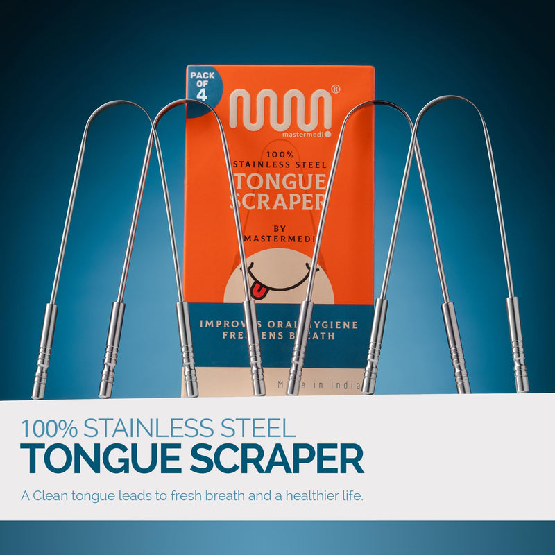 Mastermedi 100% Stainless Steel Tongue Scraper - 4 Pack Fights Bad Breath Large For Oral Care, Medical Grade Tongue Cleaner For Adults And Children, Easy To Use With Non-Plastic Handle - NewNest Australia
