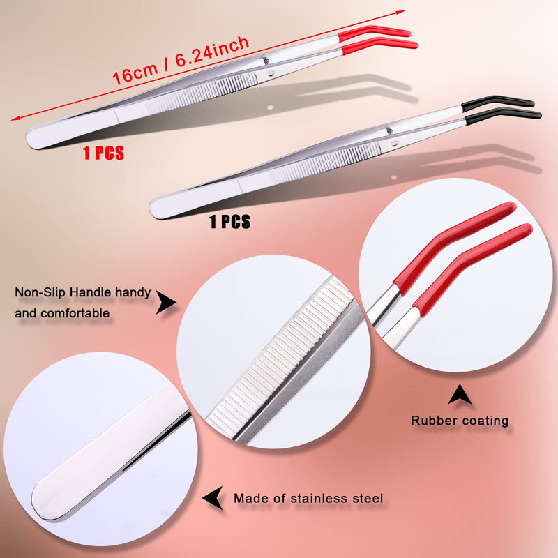 Kinbom Tweezers With Rubber Tips, 2 Tweezers Curved Stainless Steel Tweezers Rubber Tip For Craft Jewelery Making Laboratory Industrial Clips Stamps (Red, Black) - NewNest Australia