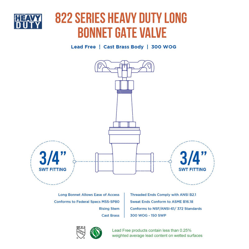 Midline Valve I44D256 Long Bonnet Gate Valve with Wheel Handle, Heavy Duty, Lead Free, Water Shutoff 3/4 in. Sweat Connections, Cast Brass Single Pack 3/4 in. - NewNest Australia