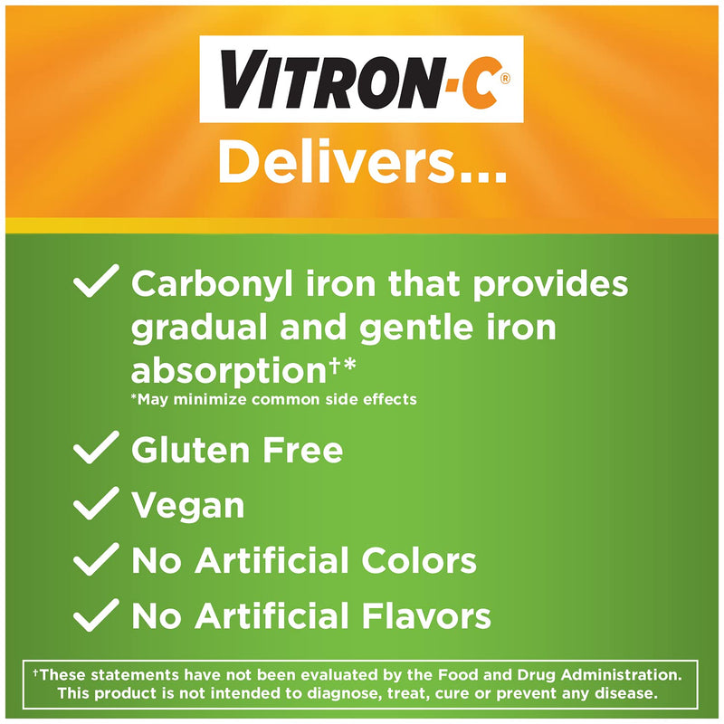 Vitron-C High Potency Iron Supplement with 125 mg Vitamin C, Dye Free, Vegan, Gluten Free, 60 Count - NewNest Australia