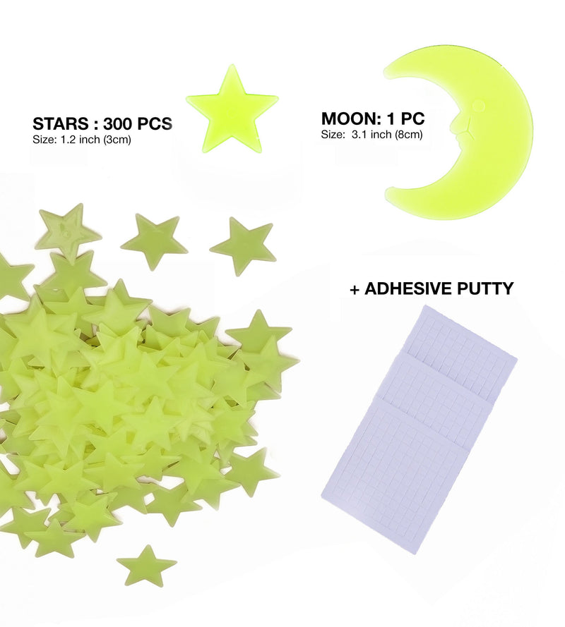 NewNest Australia - Glow in The Dark Stars & Moon Pack of 300 | Fluorescent Ceiling Stars for Kids | Estrellas Fluorescentes para Niños | Glow Moon and Stars Set for Bedrooms and Nurseries 