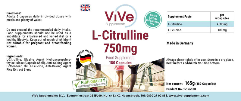 L-Citrulline 750 mg - 180 capsules for 1 month - amino acid - high dosage and vegan | Quality from Germany from ViVe Supplements - NewNest Australia