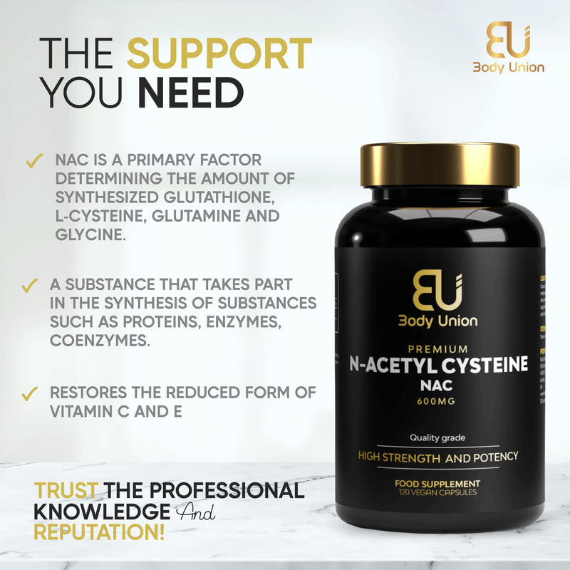 Body Union NAC Supplement | 600mg N Acetyl Cysteine For Skin Care & System Support | Complete Detox N-Acetyl Cysteine Capsules | Immune System Support N-Acetylcysteine Supplement | 60 Vegan Capsules - NewNest Australia