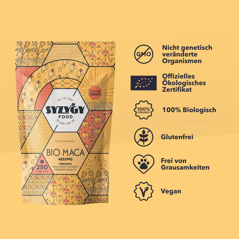 SYZYGY FOOD Pure Organic Maca Extract from Peru, 250 Tablets with 4850 mg Maca Powder, Organic Maca Capsules, High Dose 5:1, Increases Energy and Vitality, Organic Certification, Made in EU - NewNest Australia