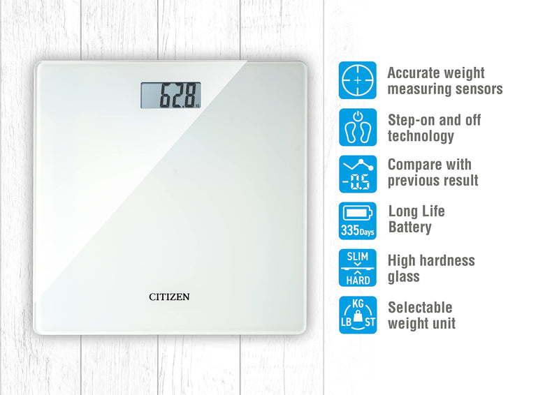 Citizen Hms324 White / Black Digital Body Scales Slim Design Comparable To Previous Measurements Slim Design With Instant Weight Measurement Lcd Display And Tempered Glass - NewNest Australia