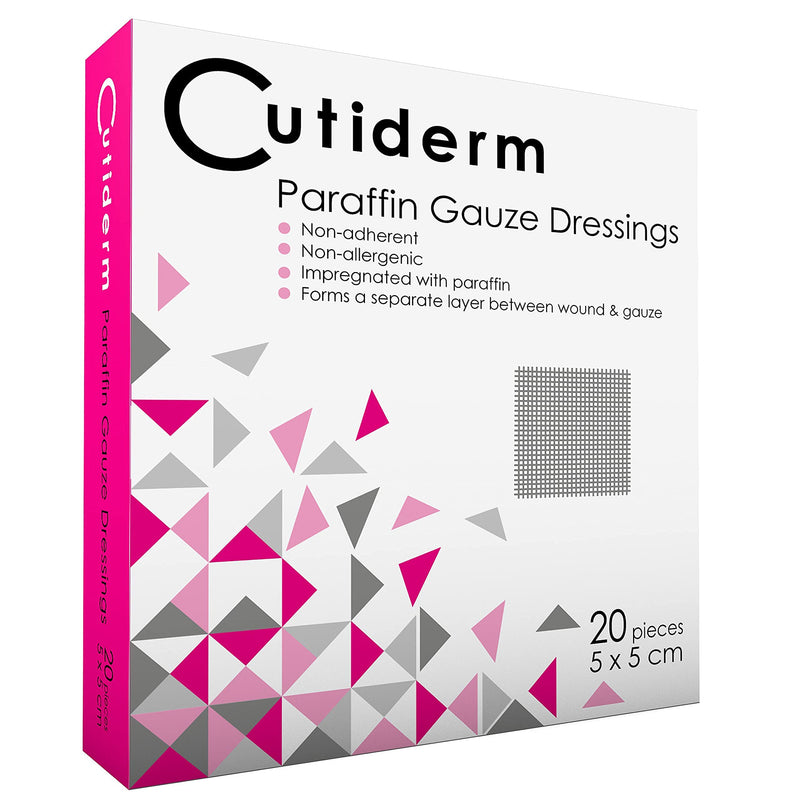 Pack of 20 Cutiderm Sterile Paraffin Gauze Dressing 5cm x 5cm - Suitable for Superficial and Partial Thickness Burns, Skin Loss Wounds, abrasions and Traumatic Injuries - NewNest Australia
