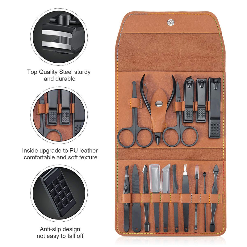 Leipple Manicure Set Professional Nail Clipper Kit Pedicure Kit - 16 pcs Stainless Steel Grooming Kit - Nail Care Tools with Luxurious Leather Travel Case (Brown) Brown - NewNest Australia