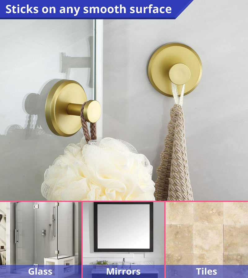 HOME SO Suction Cup Hooks for Shower, Bathroom, Kitchen, Glass Door, Mirror, Tile – Loofah, Towel, Coat, Bath Robe Hook Holder for Hanging up to 15 lbs – Waterproof, Matte Brushed Satin Gold (2-Pack) 2 Brushed Gold - NewNest Australia