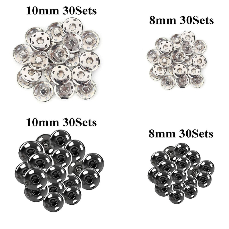 Kenkio 120 Sets Sew-on Snap Buttons Metal Snaps Fasteners Press Studs Buttons for Sewing , 8 mm and 10 mm,Black and Silver - NewNest Australia