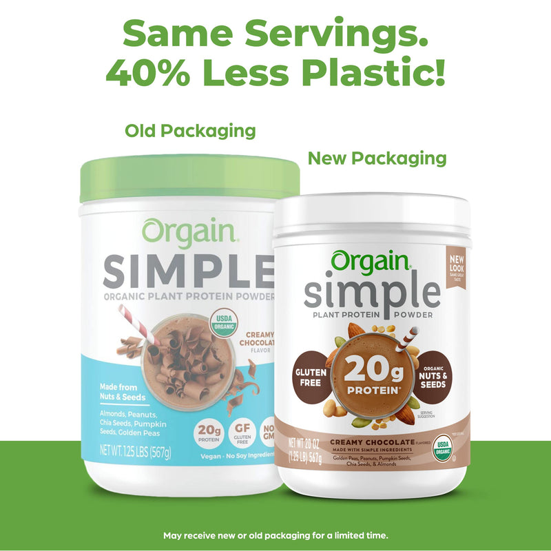 Orgain Simple Organic Plant Protein Powder, Chocolate - 20g of Protein, Vegan, Made with Fewer Ingredients and Without Dairy, Gluten and Stevia, Kosher, Non-GMO, 1.25 Lb (Packaging May Vary) - NewNest Australia