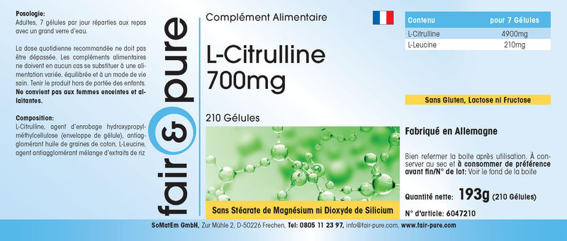 Fair & Pure® - L-citrulline capsules 700mg - vegan - amino acid - without magnesium stearate - 210 capsules - NewNest Australia