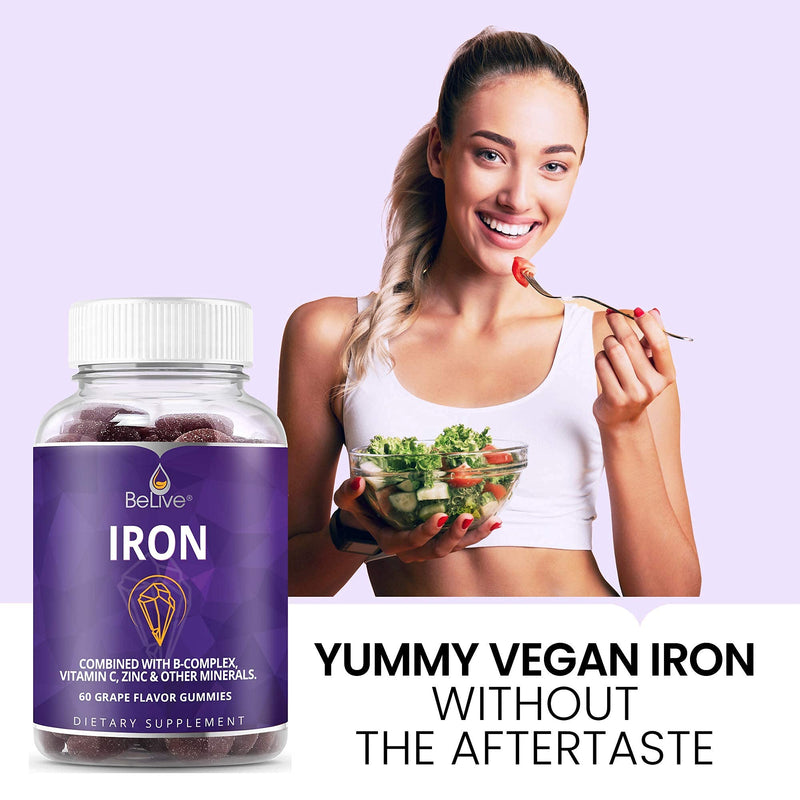 Iron Gummies Supplement with Vitamin C, A, Vitamins B Complex, Folate, Multivitamins for Women, Kids & Adults - Supports Energy, No After Taste, Vegan Supplements - Grape Flavor (60 Ct) 1 - NewNest Australia