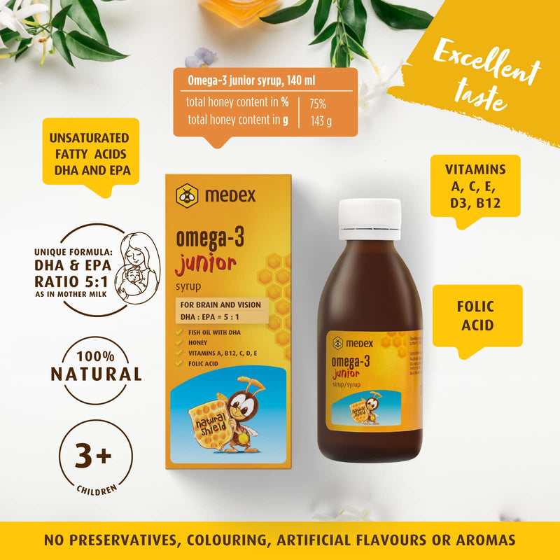 Medex Omega 3 Children'S Junior Syrup, 74% Honey Based - 143 G Honey, Excellent Taste, 250 Mg Dha, 50 Mg Epa; Added Vitamins A, B12, C, D, E, Folic Acid, From 3 Years, 140 Ml - NewNest Australia