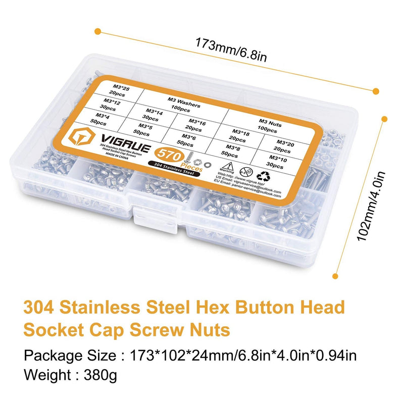 VIGRUE 570PCS Stainless Steel M3 Button Head Hex Socket Cap Screw Bolts, M3 x 4/5/6/8/10/12/14/16/18/20/25mm Screw and Nuts Flat Washer Assortment Kit, Fully Machine Thread - NewNest Australia