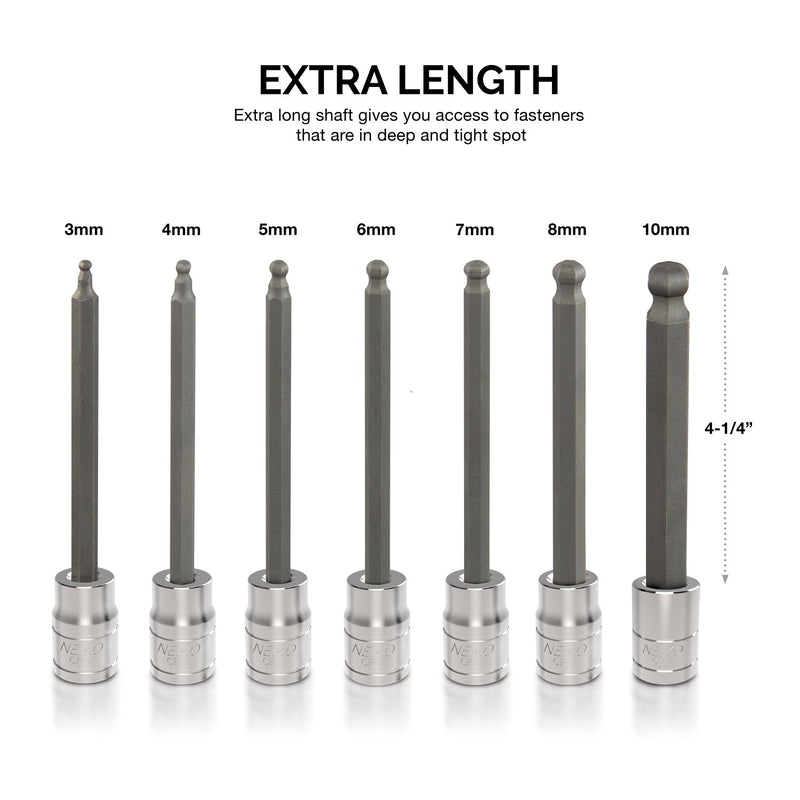 NEIKO 10243A Extra Long Ball End Hex Bit | 7pc Allen Socket Set | 3mm to 10mm | S2 and Cr-V Steel | Metric | 4-1/4” Length - NewNest Australia