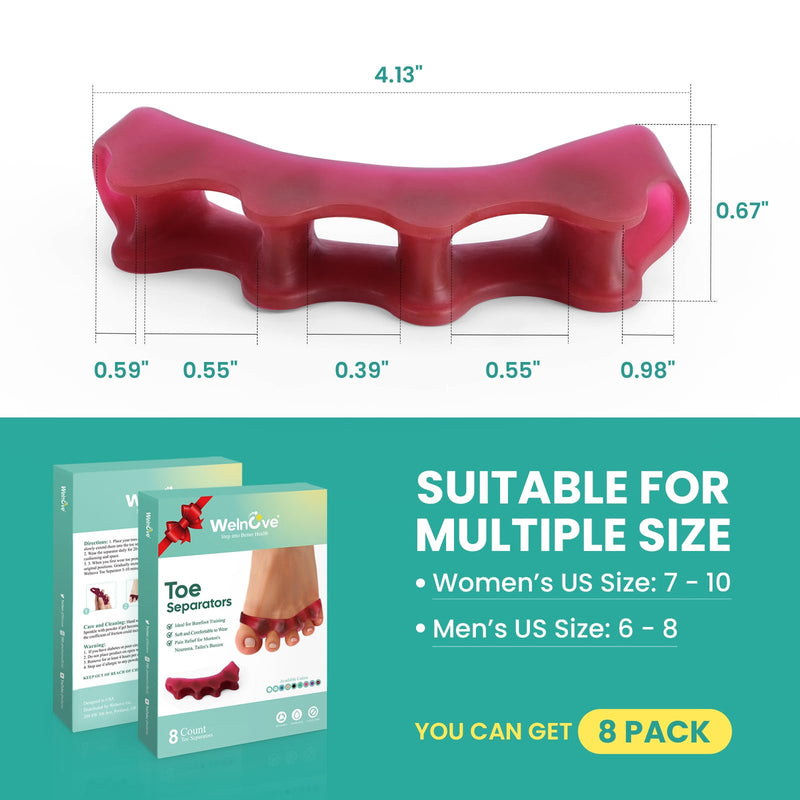 Welnove Toe Separators, Bunion Corrector - 8 Pieces Gel Toe Straighteners To Restore Original Shape Of Hammer Toe For Women And Men, Toe Spacers For Gifts (Deep Red) - NewNest Australia
