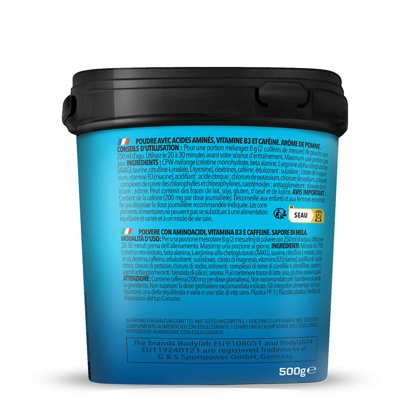 Bodylab24 Concentrated Pre-Workout Booster Green Apple 500g, energy booster with creatine, beta-alanine, arginine, niacin and caffeine in the optimal ratio for more power and energy during training 500 g (pack of 1) - NewNest Australia
