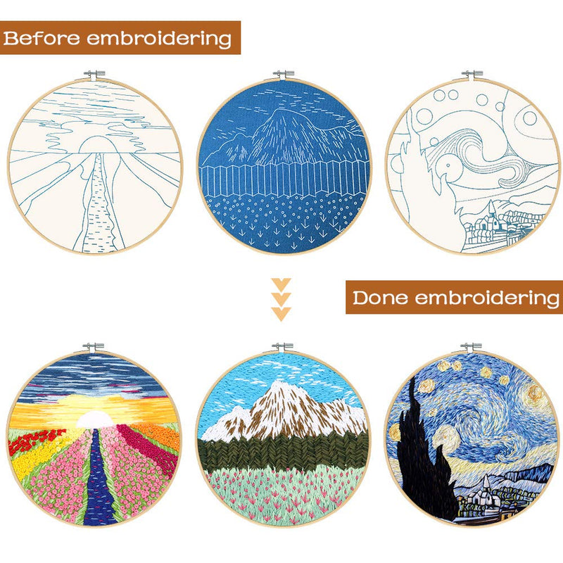 Santune 3 Sets Embroidery Starter Kit with Pattern and Instructions, Cross Stitch Set, Stamped Embroidery Kits with 3 Embroidery Clothes with Pattern, 1 Embroidery Hoops A-Van Gogh-Rainbow-Mountain - NewNest Australia