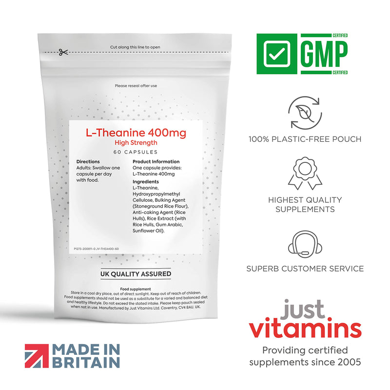 L-Theanine 400mg x60 High Strength Vegan Capsules (2 Month Supply) GABA Alternative, Brain Power Nootropic L Theanine Supplement - Non GMO, Caffeine Free, Made in UK by Just Vitamins 60 Count (Pack of 1) - NewNest Australia