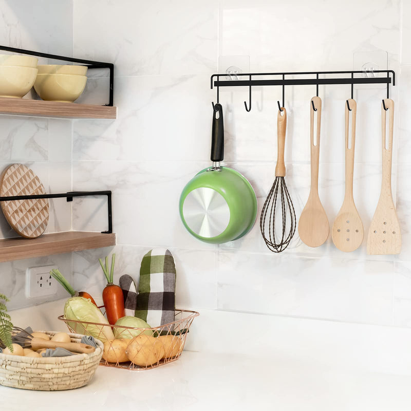 Jeowoqao Utensil Hangers with 6 Hooks Space Saving Wall Utensil Holder Kitchen Utensil Hooks No Drilling Wall Mounted Adhesive Wall Hooks Rack for Kitchen Bathroom Bedroom 2 Packs (Black) - NewNest Australia