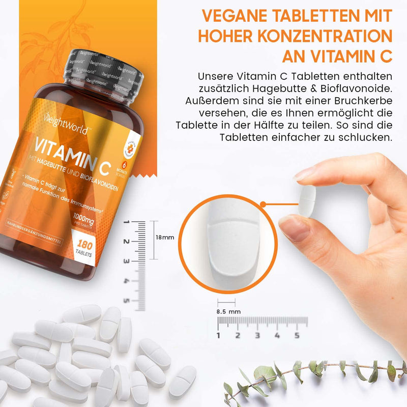 Vitamin C 1000Mg Tablets - 180 Tablets For 6 Months - Vit C From Vegetable Fermentation - With Bioflavonoids & Rosehip - Vitamin C (Ascorbic Acid) Complex - For Immune System, Stomach Friendly - NewNest Australia