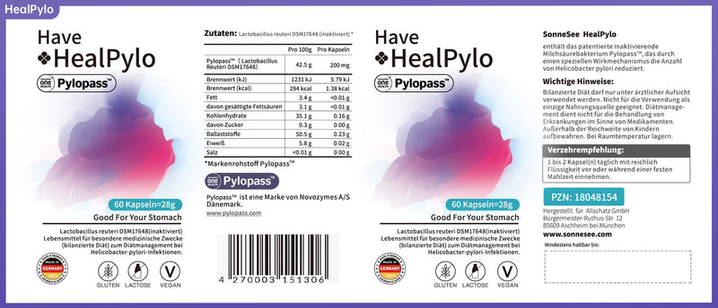 Pylopass Against Helicobacter Pylori Lactobacillus Probiotic Healpylo 400 Mg Per Day, 60 Capsules, For Heartburn, Acid Reflux, Stomach Discomfort Caused By ‚ Made In Germany - NewNest Australia