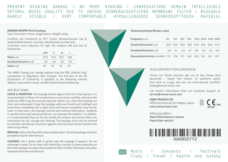 Senner KidsPro Plug, Reusable Hearing Protection Ear Plugs for Children with Aluminium Container. Ideally suited for Kids Small Ear Canals, Especially Light Ear Protectors to Wear - NewNest Australia
