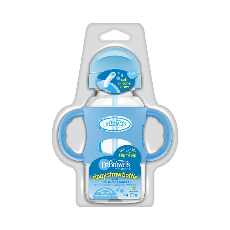 Dr. Brown's Wide-Neck Sippy Straw Bottle with Handles, Blue, 9 Ounce - NewNest Australia