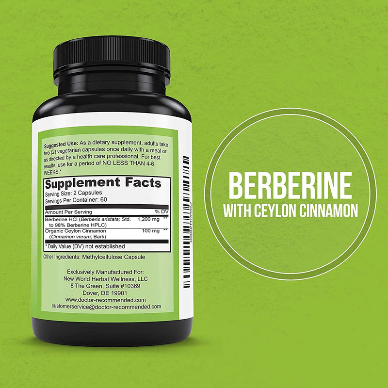 Berberine with Ceylon Cinnamon - 1200mg Berberine & 100mg Organic Ceylon Cinnamon - 120 Veggie Capsules, Healthy Immune System Cardiovascular Heart & Gastrointestinal Wellness 120 Count (Pack of 1) - NewNest Australia