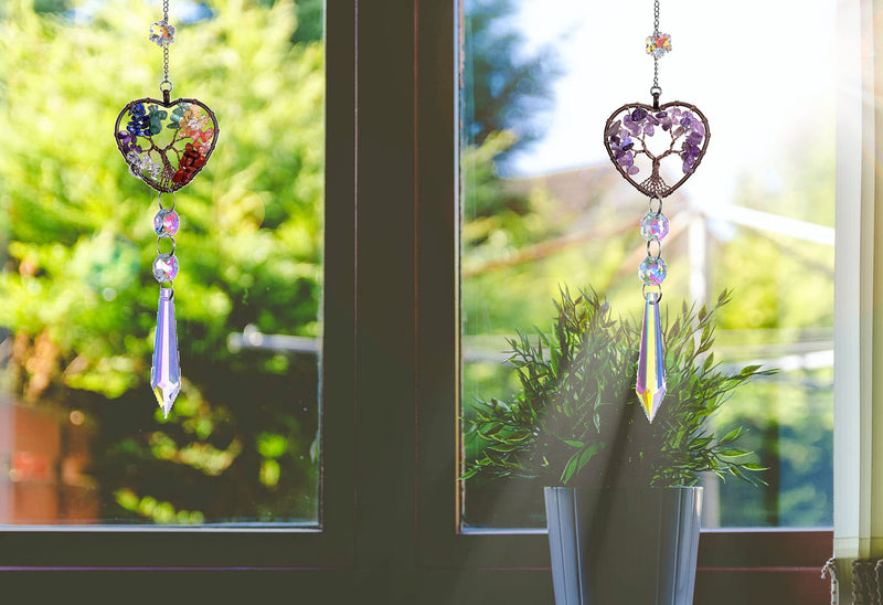 CrystalTears Amethyst Crystal Suncatcher Chakra Tree of Life Sun Catchers Crystal Car Hanging Ornament Heart Shaped Rainbow Maker for Window Wall Garden Decor Heart-amethyst - NewNest Australia