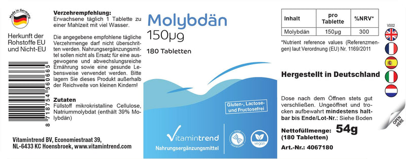 Molybdenum 150mcg - 180 tablets - ! FOR 6 MONTHS ! - vegan - essential trace element | Vitamintrend® - NewNest Australia