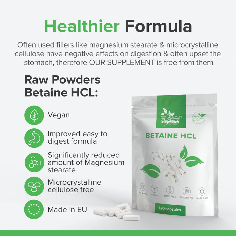 Betaine Hydrochloride 650 Mg 120 Capsules High Dose - Digestive Enzymes - Easily Digestible Betaine Hcl Vegan Dietary Supplement - Supports Heart Joints Liver - From Raw Powders - NewNest Australia