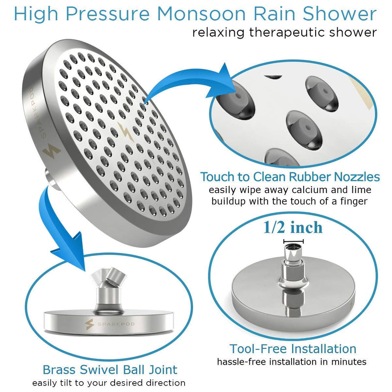 SparkPod Shower Head - High Pressure Rain - Luxury Modern Chrome Look - Easy Tool Free Installation - The Perfect Adjustable Replacement For Your Bathroom Shower Heads - NewNest Australia
