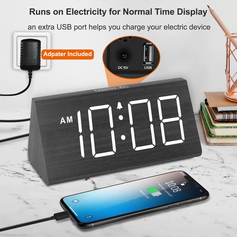 DreamSky Wooden Digital Alarm Clocks for Bedrooms - Electric Desk Clock with Large Numbers, USB Port, Battery Backup Alarm, Adjustable Volume, Dimmer, Snooze, DST, 12/24H, Wood Décor Black - NewNest Australia