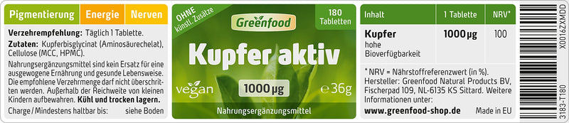 Copper active, 1,000 µg (1mg), high dose, 180 tablets, vegan - good for hair and skin pigmentation, energy metabolism and immune system. WITHOUT artificial additives. Without genetic technology. 36.00 g (pack of 1) - NewNest Australia