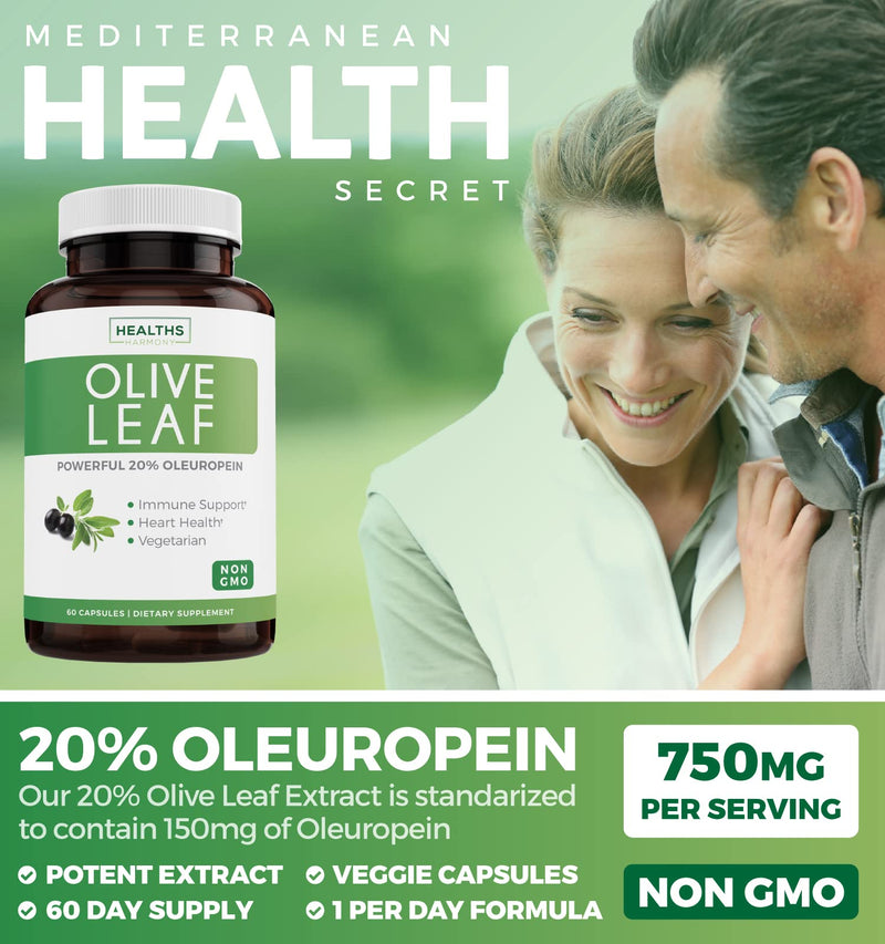 Olive Leaf Extract (Non-GMO) Super Strength: 20% Oleuropein - 750mg - Vegetarian - Immune Support, Cardiovascular Health & Antioxidant Supplement - No Oil - 60 Capsules - NewNest Australia