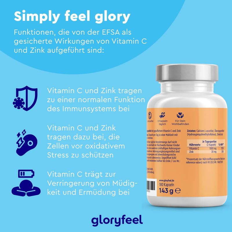 gloryfeel vitamin C and zinc tablets - 1,000 mg vitamin C from calcium L-ascorbate + 20 mg zinc citrate - 180 capsules - best combination for the immune system and protection against stress * - vegan immune complex - NewNest Australia