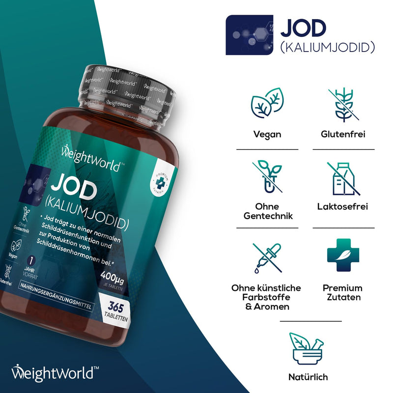 Iodine tablets 400µg - 365 vegan potassium iodide - potassium iodide for 1 year supply - Iodine contributes to normal thyroid, skin and nerve function (EFSA) - Iodine Tablets from WeightWorld - NewNest Australia