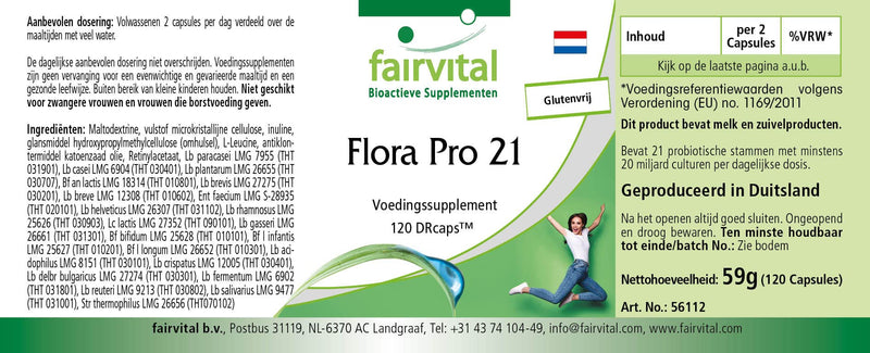 Fairvital Flora Pro 21 - Bacterial Culture Complex - 120 Time-Delayed Capsules - 21 Bacterial Strains - 20 Billion Colony-Forming Units - Quality Tested And High Dose - Made In Germany - NewNest Australia