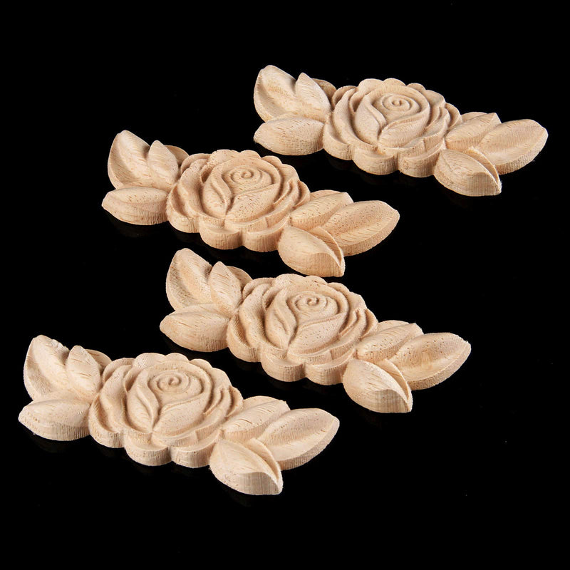 NewNest Australia - MUXSAM 4Pcs Wood Carved Molding Corner Onlay Applique Rose with Stem Door Cabinet Decor Unpainted Dress Up Furniture, 9x3.5x0.8cm/3.54"x1.38"x0.3", E Style 4-Pack E-style 