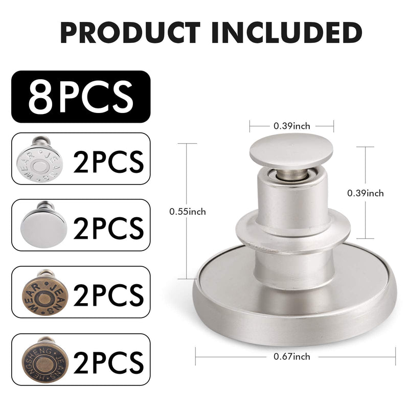 8 Sets Button Pins for Jeans, Jean Button Pins for Loose Jeans, No Sew and No Tools Instant Replacement Snap Tack Pant Button, Ceryvop Reusable and Adjustable Metal Pants Button Tightener 8Pcs Copper Silver - NewNest Australia