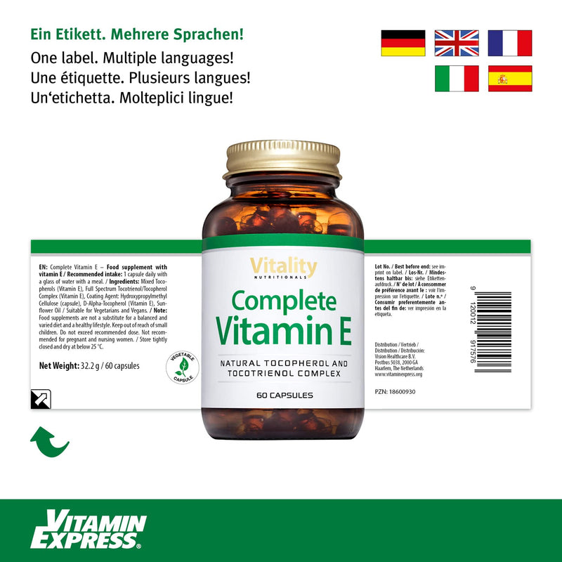 Complete Vitamin E Capsules I Natural D-Alpha Tocopherol And Tocotrienol With High Bioavailability (Pack Of 60) Antioxidant For Skin Hair Eyes Muscles Vitality Nutritionals By Vitaminexpress - NewNest Australia