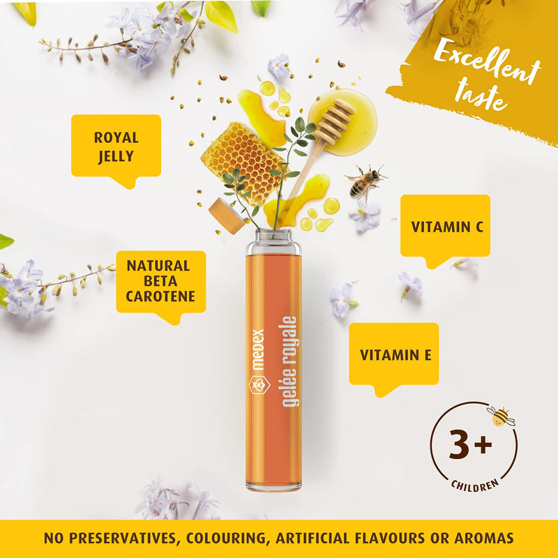 Medex Royal Jelly Junior, Fresh Royal Jelly 250 Mg, With Natural Vitamins A, C, E, Excellent Taste, Without Sweeteners, For Children From 3+, Liquid In Ampoules 10 X 9 Ml - NewNest Australia
