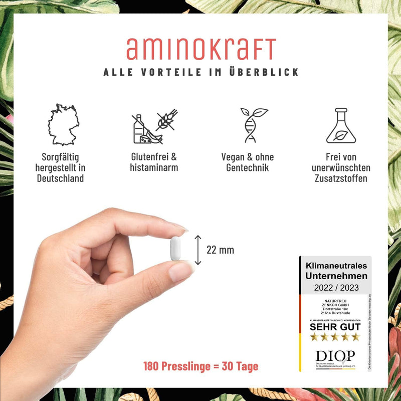 High-dose amino acid complex - 180 vegan amino tablets with 1000 mg per daily dose with 12 different amino acids - EAA pattern pellets from NATURTREU - NewNest Australia