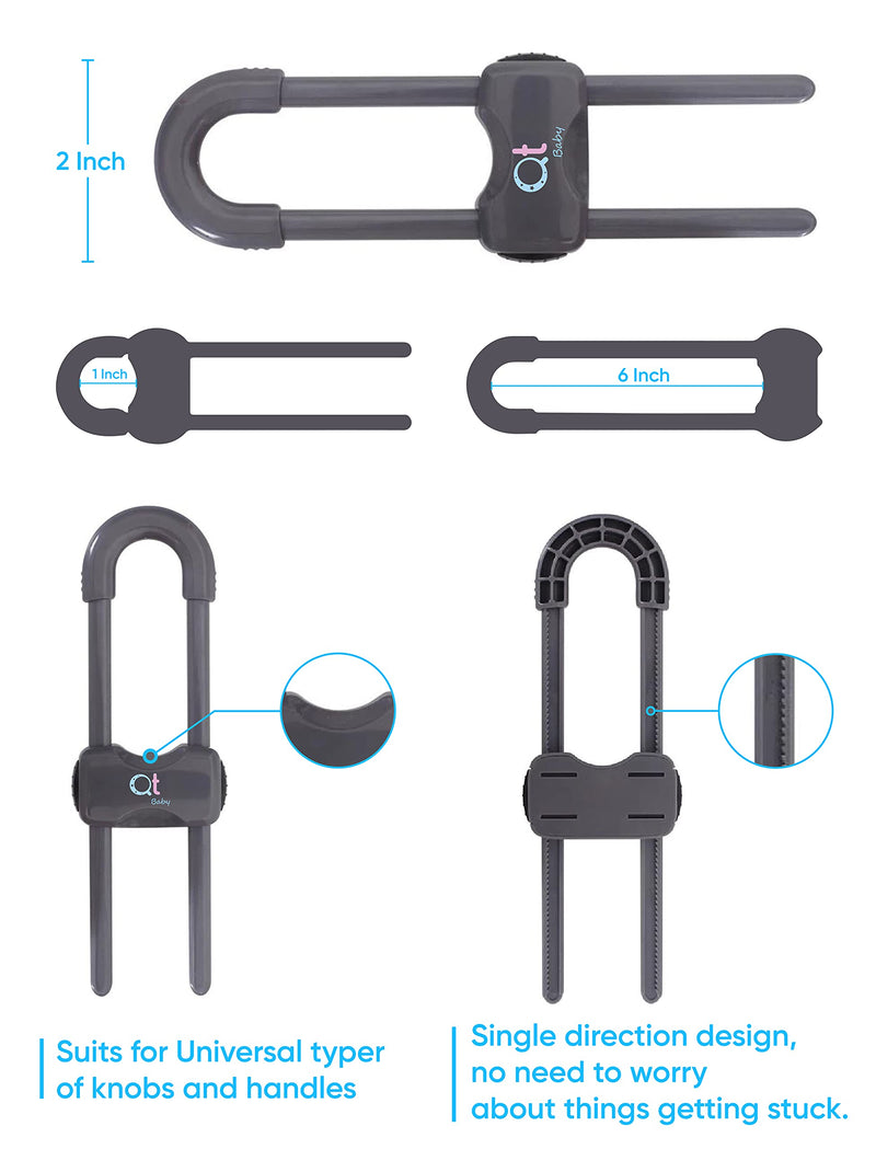 QT BABY Baby Proofing Cabinet Locks Adjustable U Shaped Baby Safety Latches for Drawers, Fridge, Closet Modern Baby Proofing Cabinet Lock with Extra Secure Lock Buttons (Pack of 6, Thunder Grey) Pack of 6 - NewNest Australia
