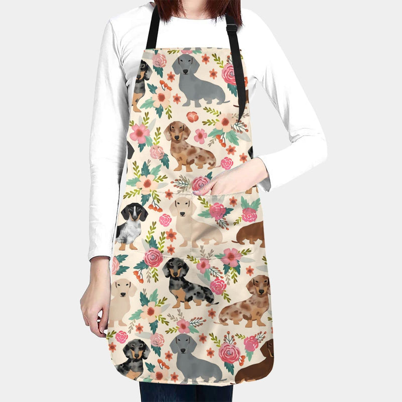 Dachshund Sausage Dogs Flowers Waterproof Apron Women Men Cooking Kitchen Adjustable Neck Aprons Bib With 2 Pockets Black One Size - NewNest Australia