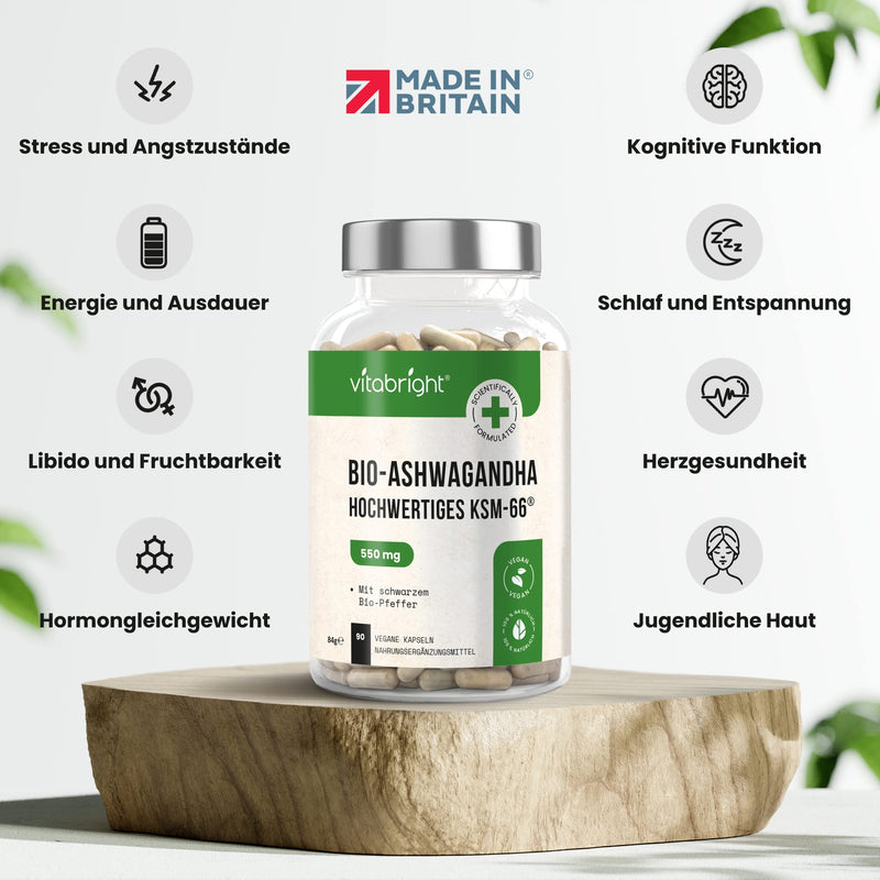 Ashwagandha KSM-66 Capsules - 550mg (Highly Concentrated 10:1 Ashwaganda Extract Equivalent to 5500mg) - With 5% Withanolids - 90 Vegan Ashwagandha Capsules - Ayurveda - Made in UK by VitaBright - NewNest Australia